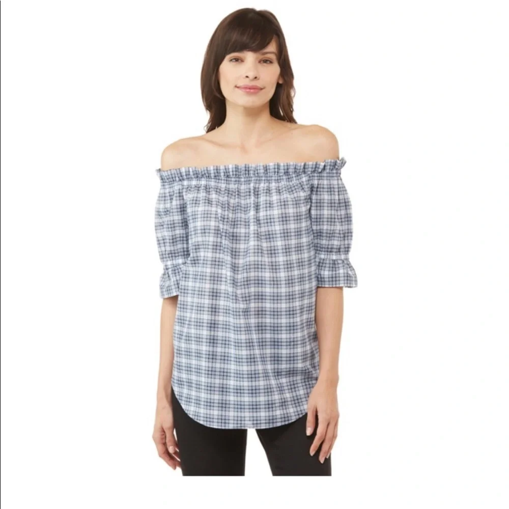 Michael Kors Women’s blue plaid off the shoulder cotton blouse